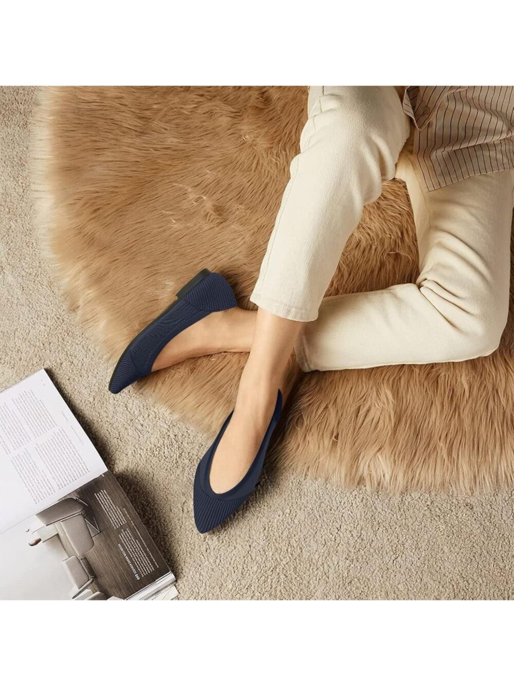 Women's Navy Blue Comfortable Dressy Mesh Pointed Toe Pull On Ballet Flat Shoes - Picture 6 of 6